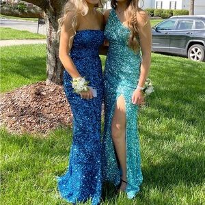 Sherri Hill Blue and Teal Sequin Prom Dresses